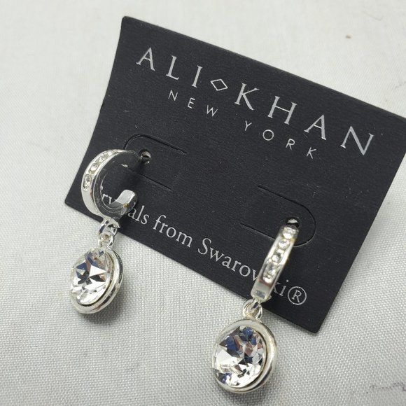Ali Khan Swarovski crystal bezel dangle pierced silver earring - Picture 2 of 3